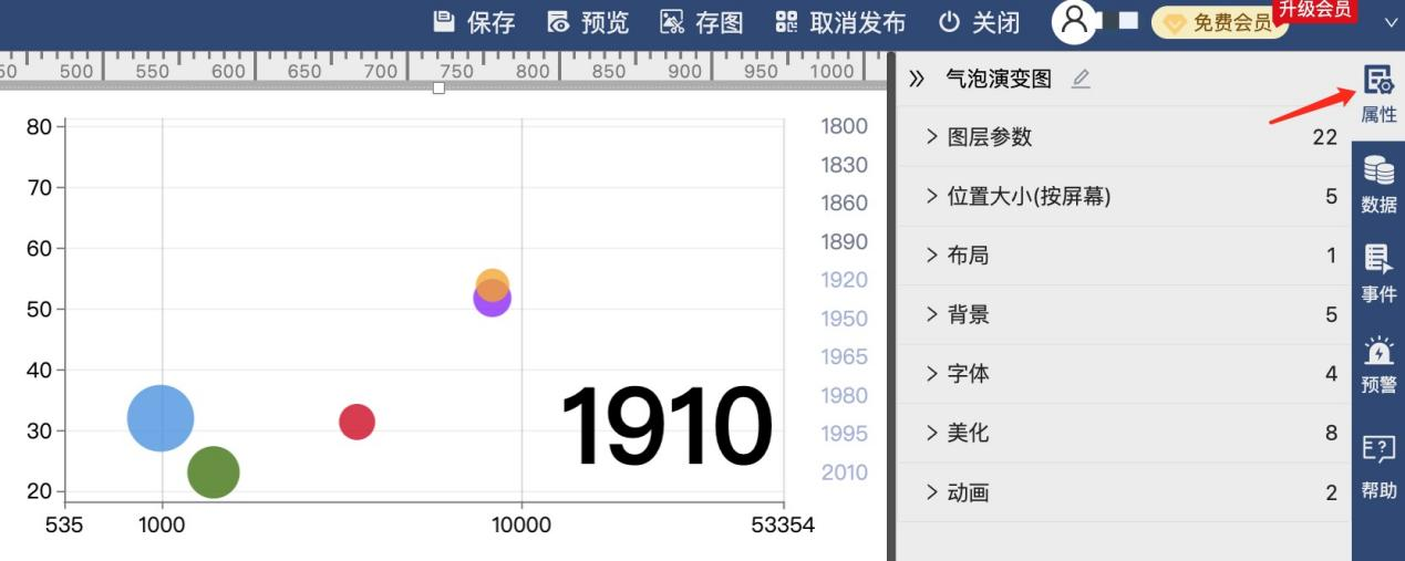 气泡演变图共有7类47个属性功能可供配置-迪赛智慧数