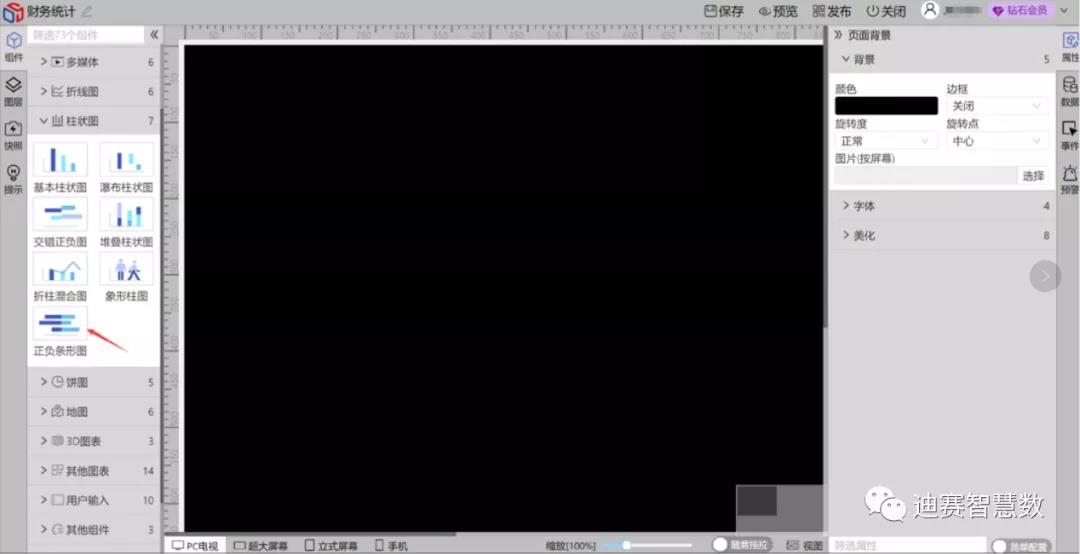 在设计页面选择正负条形图-迪赛智慧数